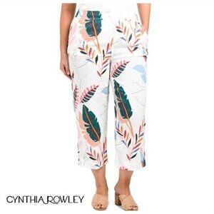 CYNTHIA ROWLEY Plus High Rise Linen Tropical Print Wide Leg Crop Pants SZ 1X